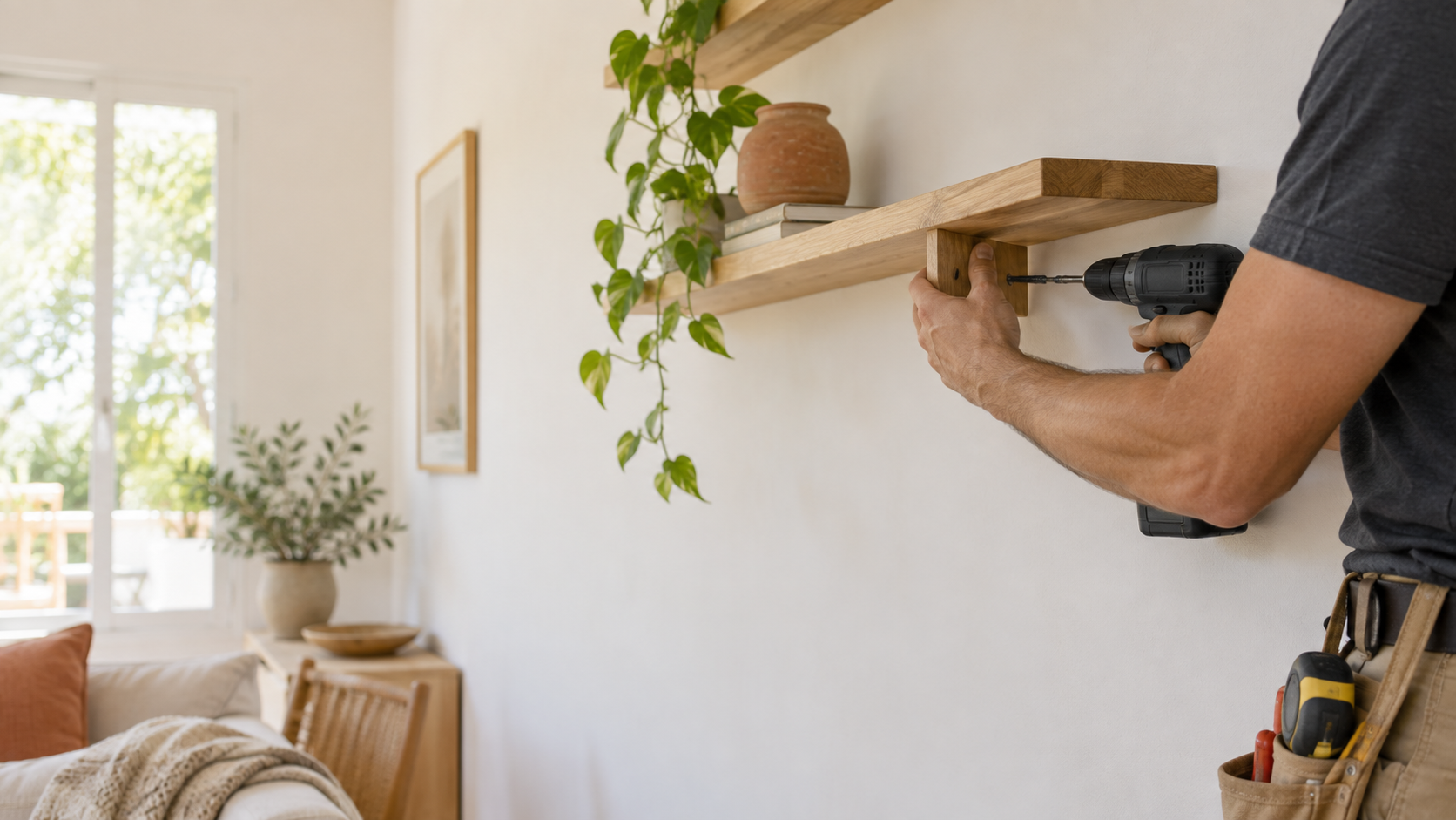 Handyman installing a timber shelf in a bright home